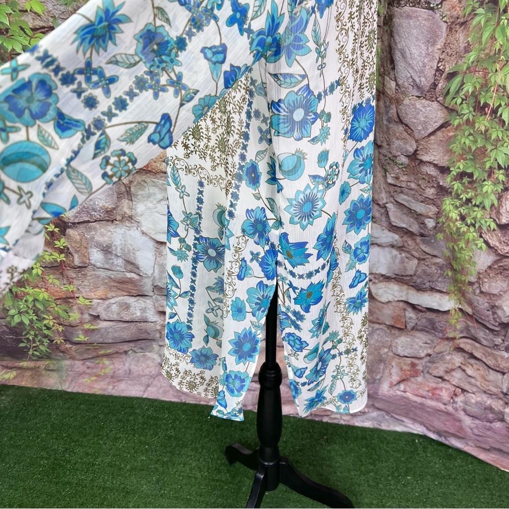 ROSE + OLIVE Blue and White Floral Boho Chiffon Longline Tunic/Dress, M - Picture 8 of 14